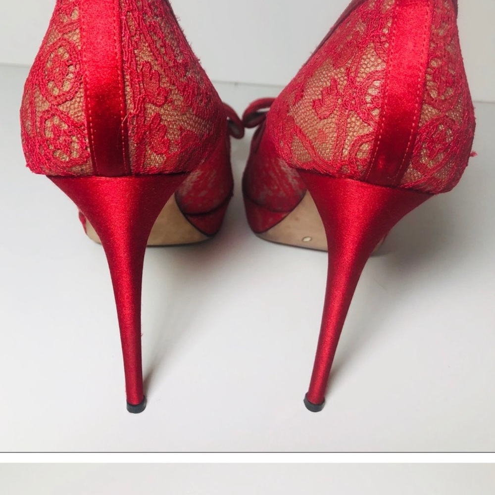 Valentino Red Couture Satin Lace Open Toe Bow Platform - Picture 3 of 5